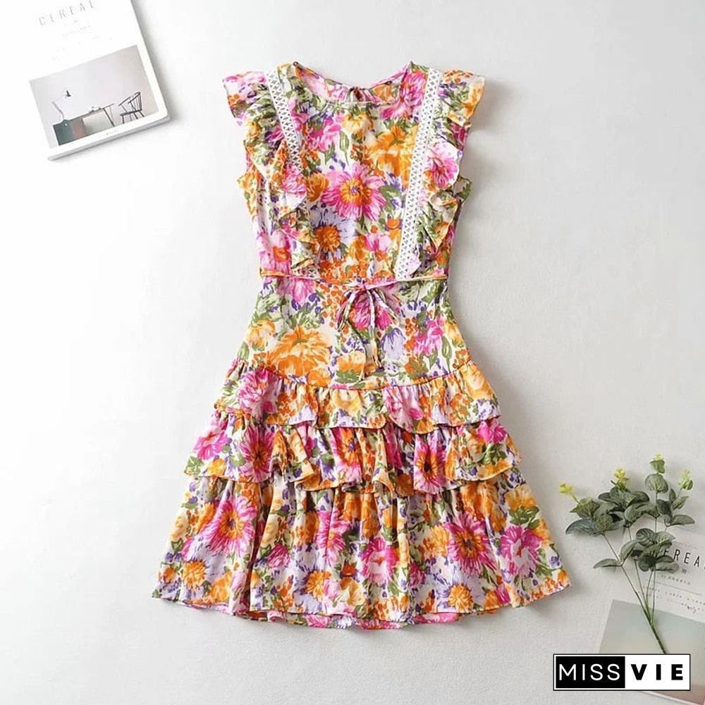 Back To School Outfit  Summer Dresses For Women Inspired Yellow Florla Ruffled Sleeve Summer Dress Cotton Hollow Out Tiered Ruffle Boho Beach Dress Casual Women Dress