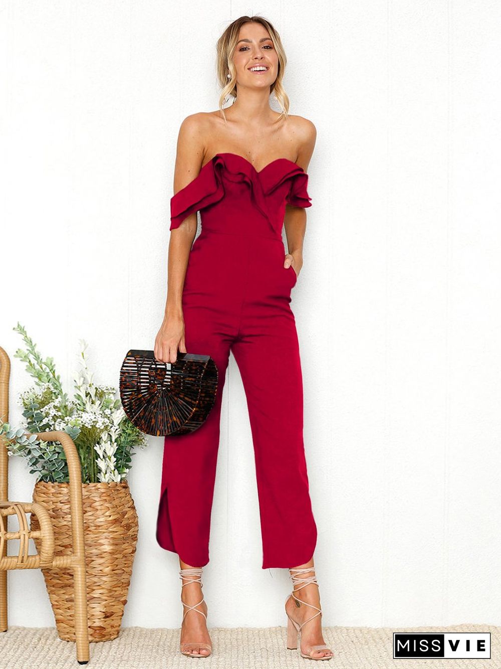 Black Sleeveless Plain Casual Off Shoulder Zip Back Jumpsuit