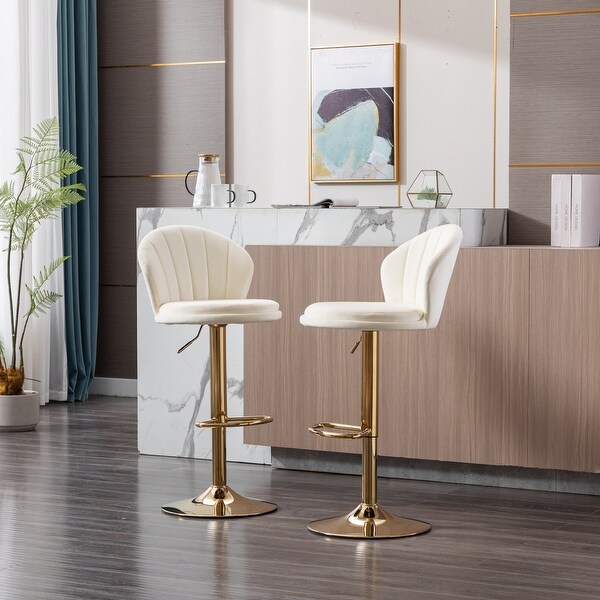 Modern Bar Stools Set of 2 Adjustable Mechanical Lifting Velvet and Golden Leg Bar Stool， Chrome Footrest and Base Swivel Height