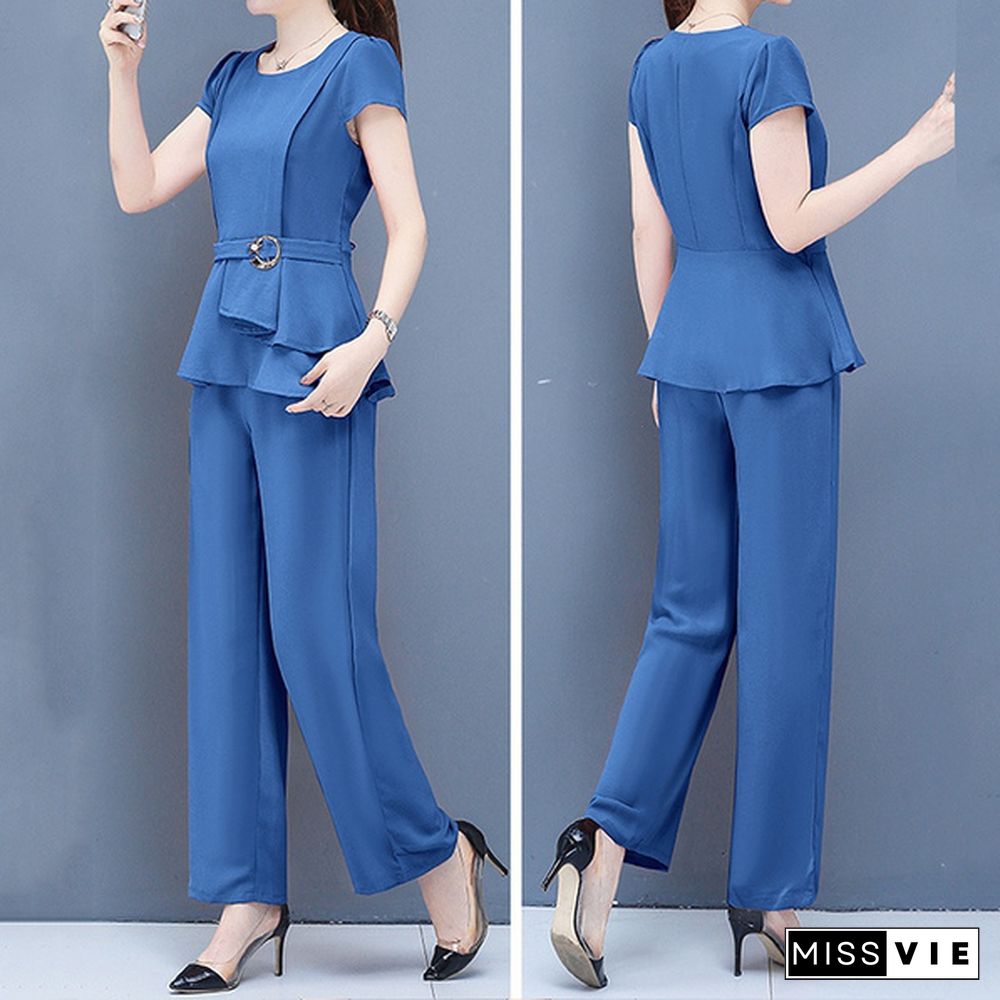 Summer 2 Two Piece Sets Outfits Women Plus Size Short Sleeve Tunics Tops And Pants Suits Office Elegant Korean Sets