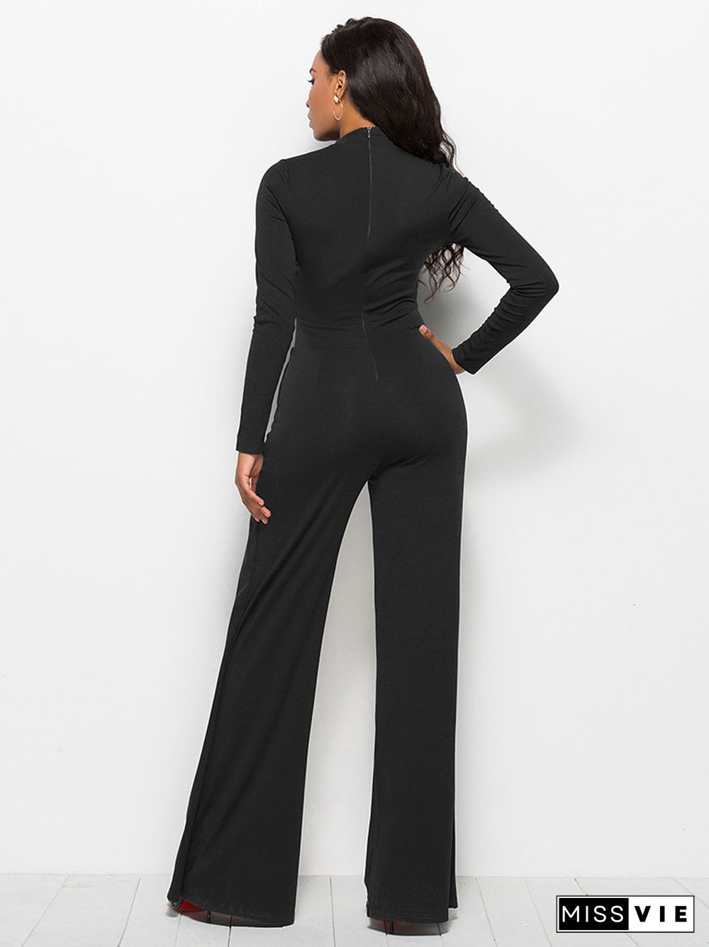 Fashion Crew Neck Long Sleeve Wide Leg Jumpsuit