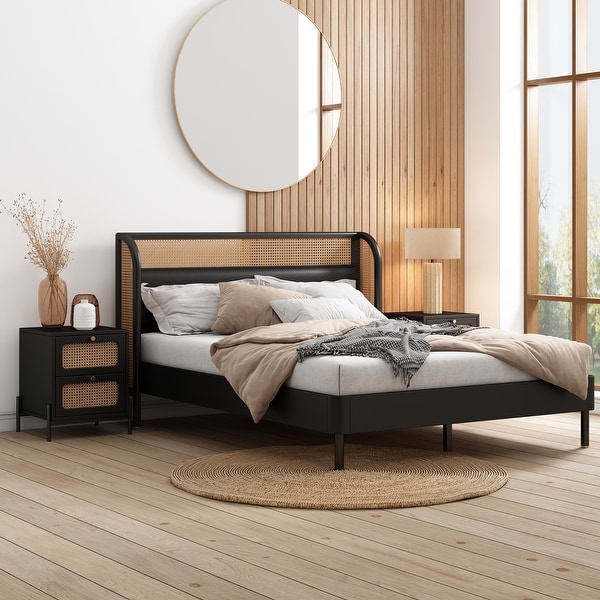 3 Pieces Modern Cannage Rattan Wood Bedroom set - - 37927693