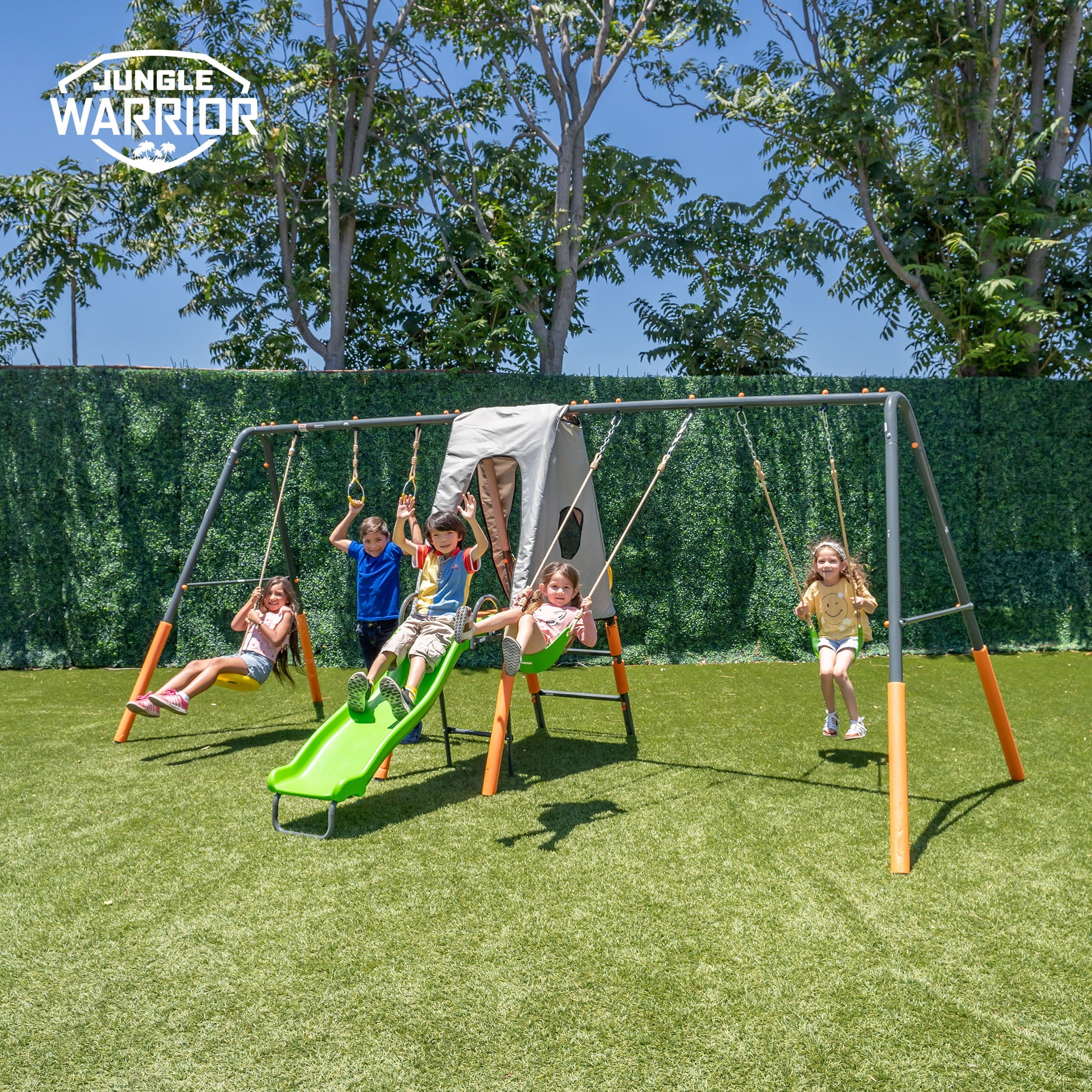 Jungle Warrior Jaguar Metal Swing Set with Standing Swing and Gymnastics Rings