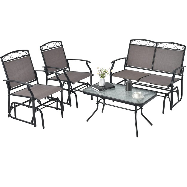 Costway 4pcs Patio Glider Conversation Set Swing Rocking Chair Table Heavy duty Outdoor