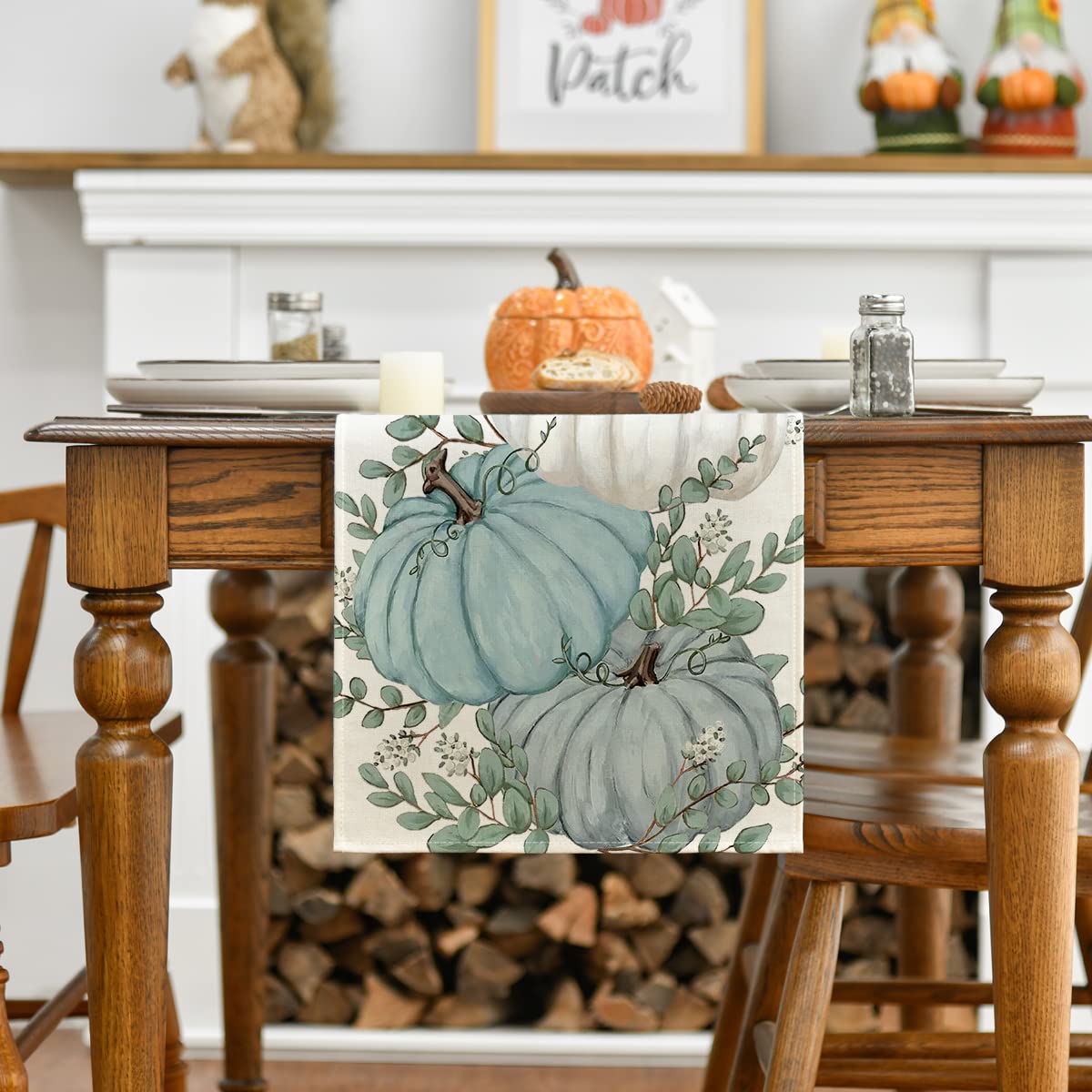 Sanmadrola Fall Table Runner Eucalyptus Leaves Pumpkins Table Runners for Thanksgiving Dining Kitchen Table Decorations Autumn Farmhouse Decor for Indoor Outdoor Party， 13 x 72 Inches