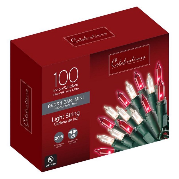 Celebrations Incandescent Mini Red And Clear 100 Ct String Christmas Lights 20 Ft