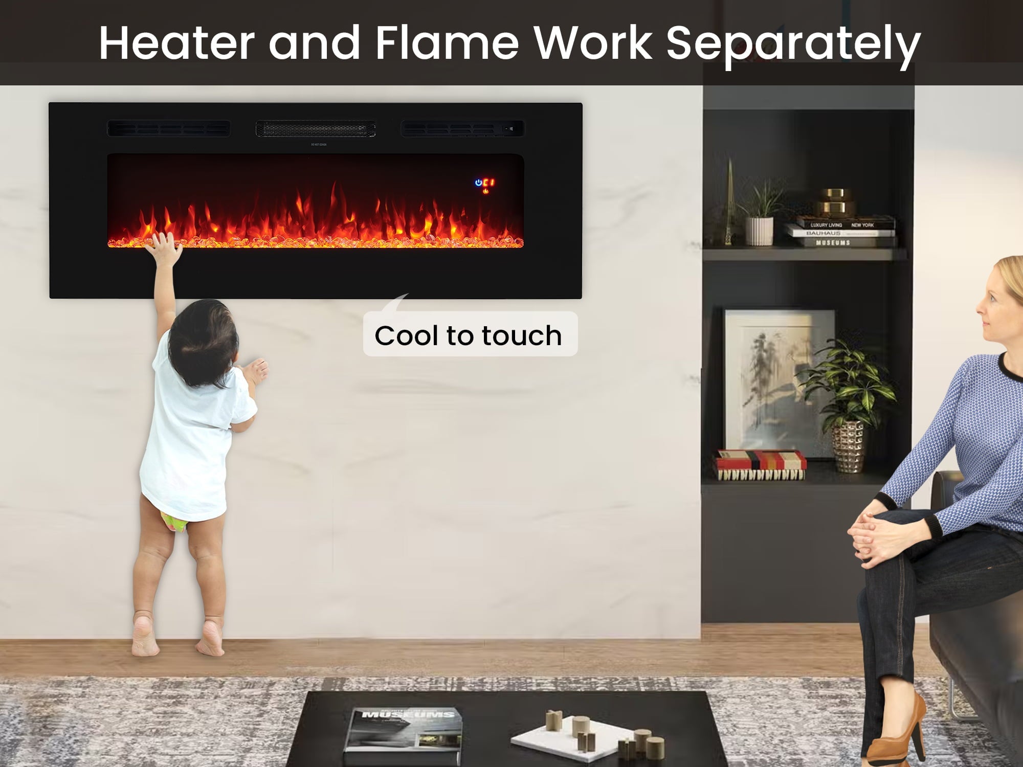 Cyra Electric Fireplace 50" Wall Mounted Electric Fireplace Inserts LED Fireplace with 3 Colors, Temperature, Touch Screen, Remote Control, Timer, Crystal Stones, Wood by Naomi Home - 50 Inch