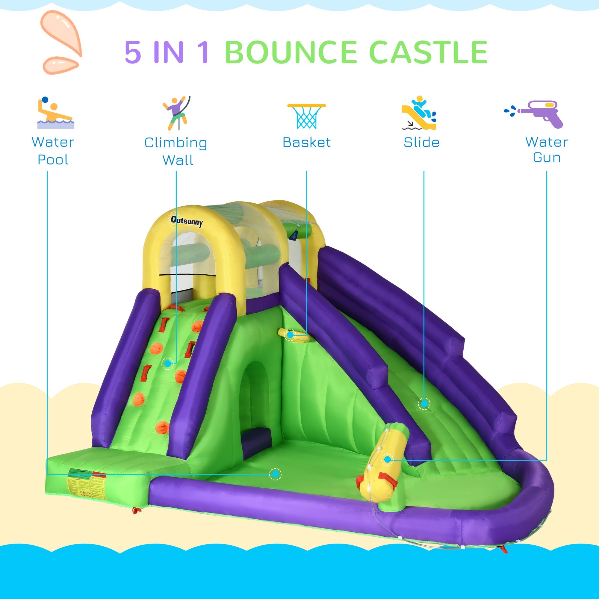 Outsunny 5-in-1 Inflatable Water Slide, Kids Castle Bounce House with Slide, Basket, Pool, Water Cannon, Climbing Wall Includes Carry Bag, Repair Patches, 680W Air Blower