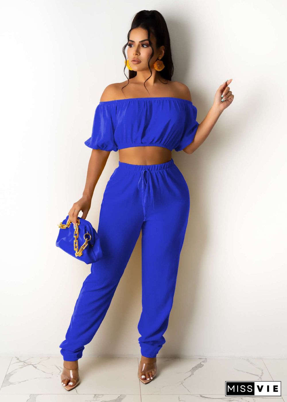 Sexy Solid Color High Elastic Off Shoulder Short Sleeve Crop Top Drawstring Long Pants Women 2 Piece Set