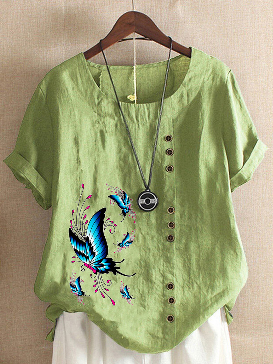 Loose Casual Butterfly Print Crew Neck Short Sleeve Blouse