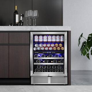 TITTLA 23.47 in. Dual Zone 29-Wine Bottles  90-Cans Beverage  Wine Cooler in Silver Reversible Door Hinge Interior Blue LED KMYC150-2