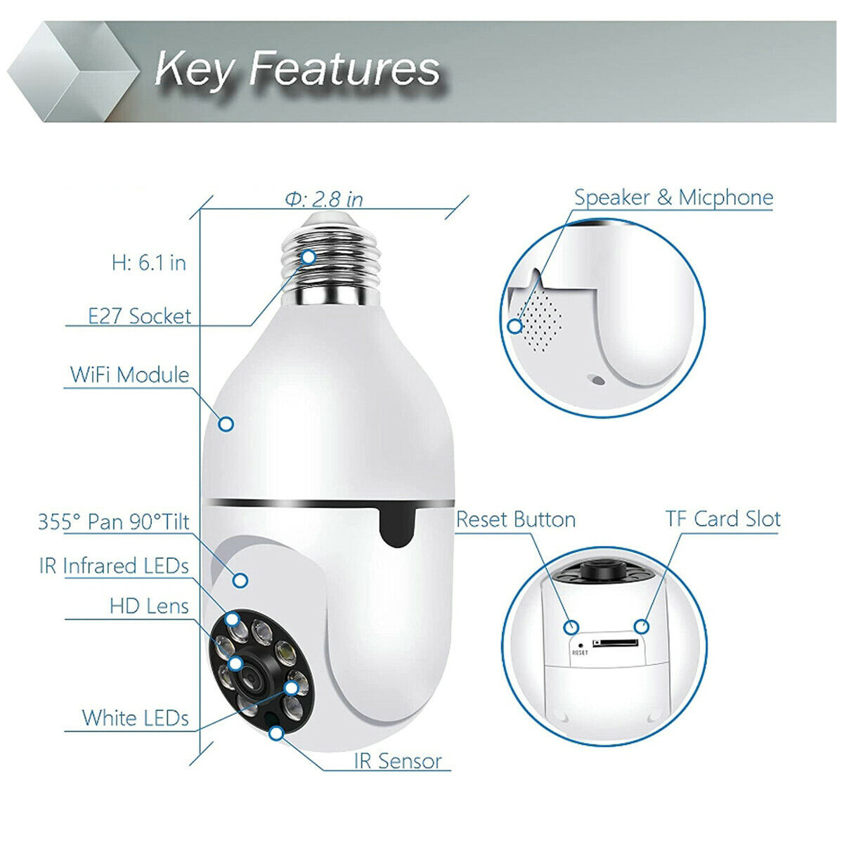 IZENGATE 360° Waterproof Wireless Camera Light Bulb Security Home Wifi Cam CCTV Monitor  Surveillance Camera Support 2.4G / 5G Wi-Fi 1080P HD Two Way Talk IP Camera