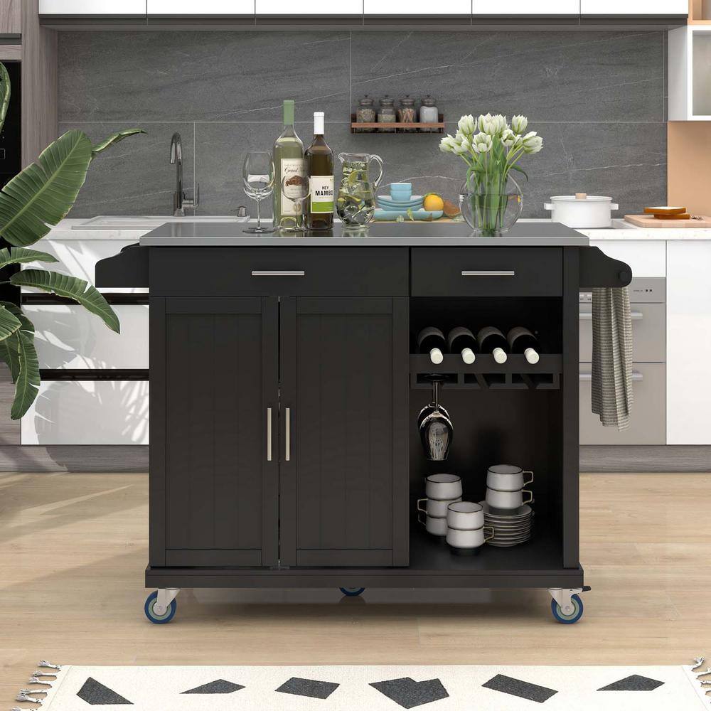 Black Kitchen Island on Wheels with 2-Drawers and Goblet Holder BF1663C267