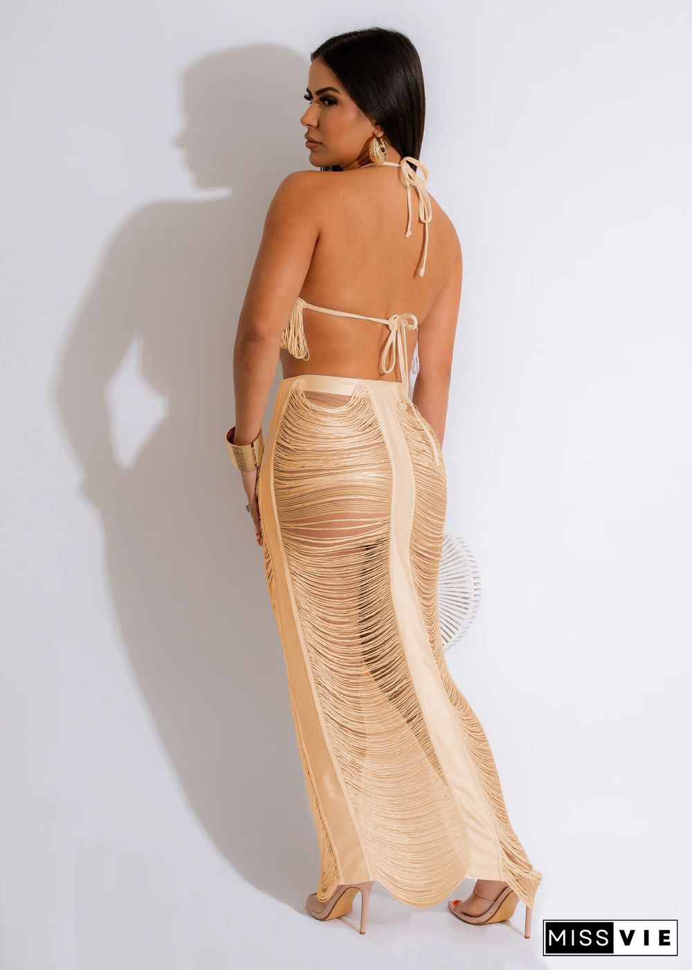 Sexy Tassel Halter Cut Out Bra Maxi Skirts 2 Piece Set