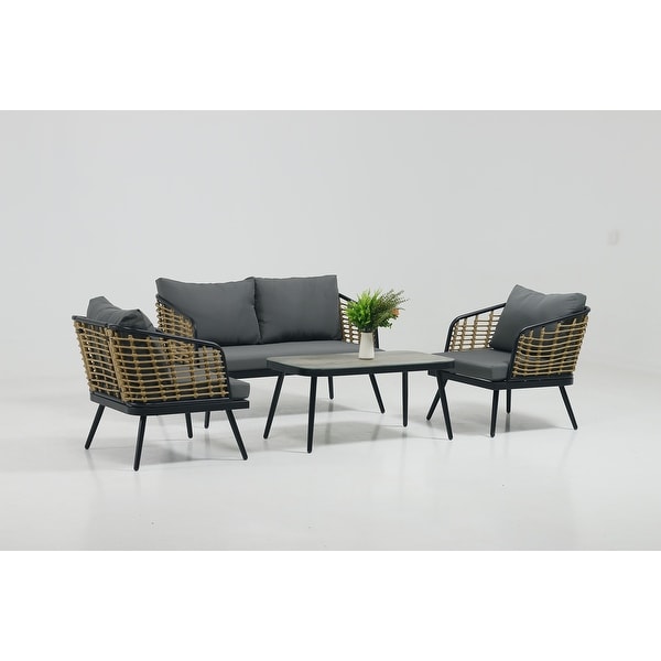 4Piece Rattan Wicker Outdoor Sofa Set with Cushions and Table