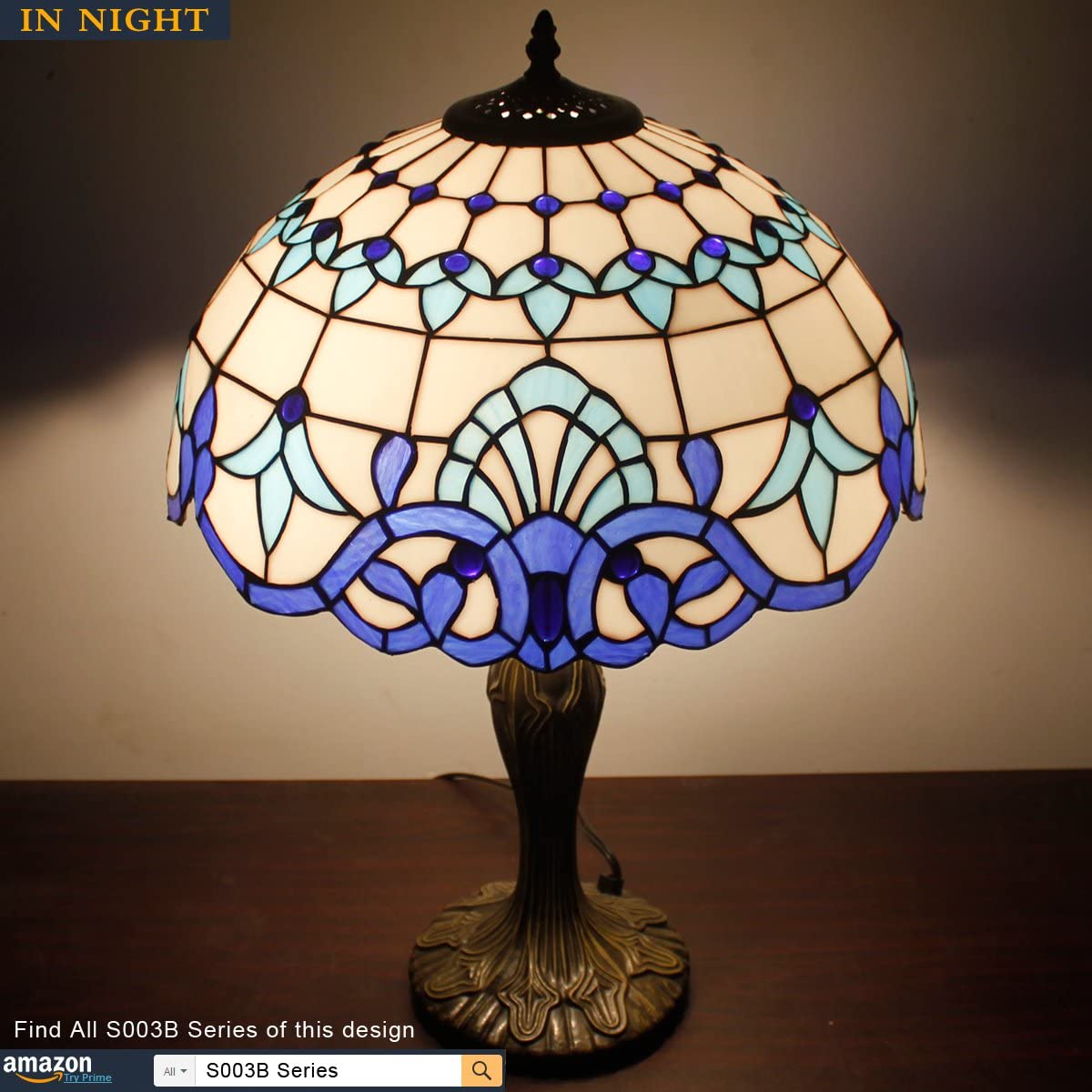 Tiffany Lamp Blue Navy White Stained Glass Baroque Bedside Table Lamp Style Desk Light Metal Base 16X16X24 Inches Decor Bedroom Living Room Home Office S003B Series