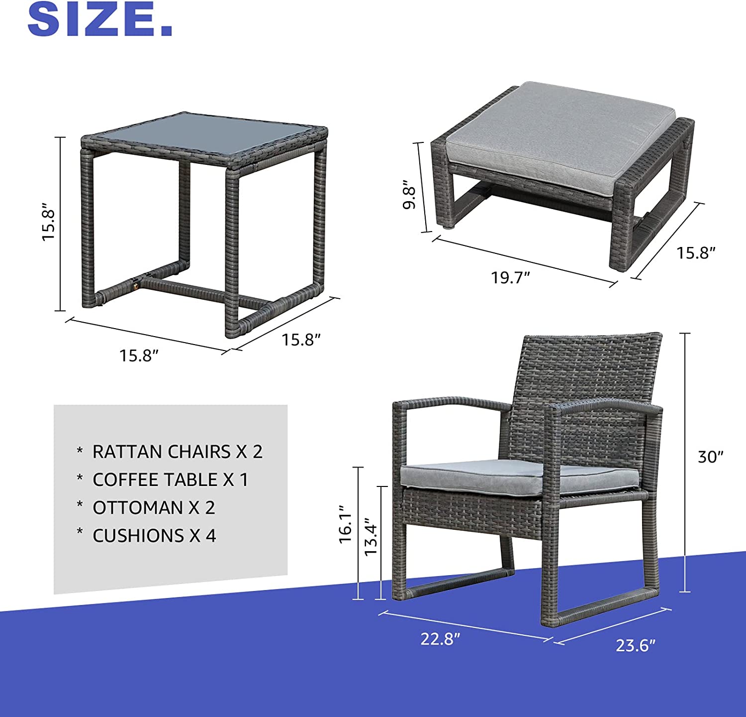 durable Patiorama 5 Piece Outdoor Patio Wicker Furniture Set  All Weather Grey PE Rattan Chair and Ottoman Footstool Set  W/Coffee Table  Cushions (Light Grey) for Garden  Balcony  Porch