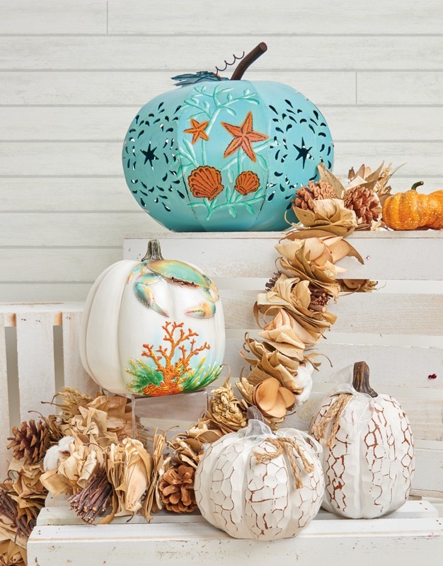 Beachcombers Teal Metal Thanksgiving Coastal Pumpkin Lantern