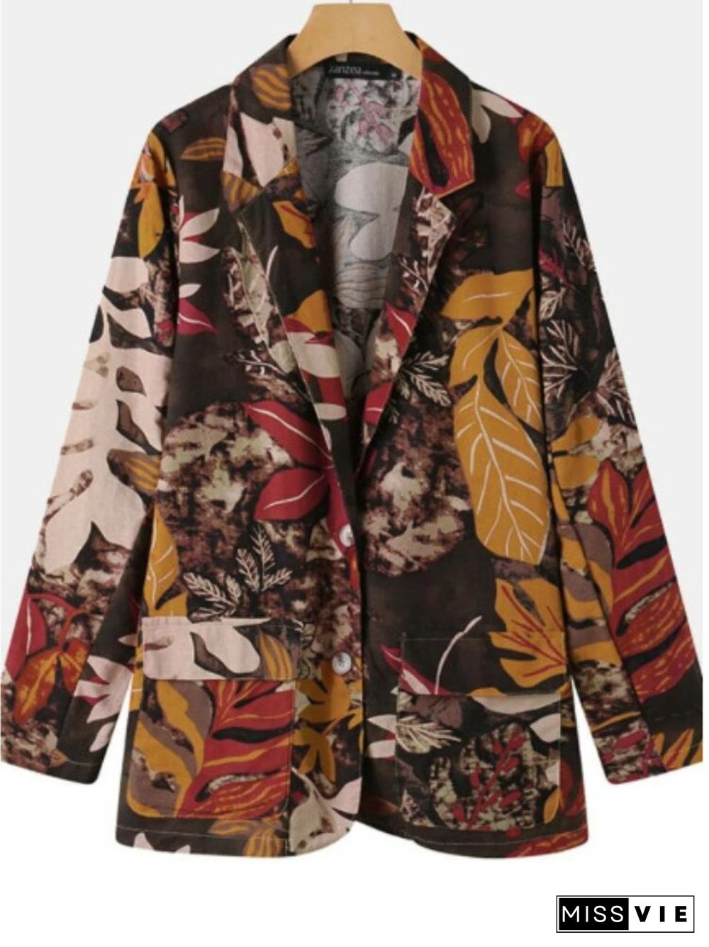 Spring And Summer Cotton And Linen Retro Leaf Print Pocket Long Sleeve Lapel Jacket Jacket Ladies Leisure Suit Cardigan Jacket