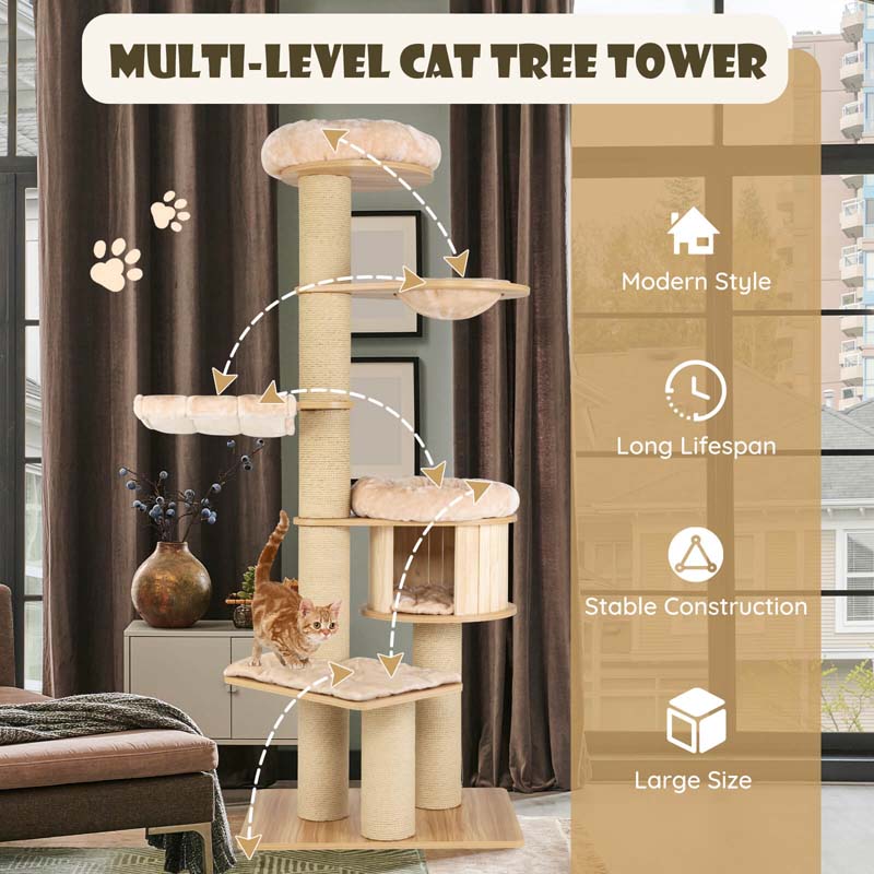 Multi-Level Large Cat Tower with Cat Condo, Modern Wood Tall Cat Tree with Sisal Posts & Washable Mats