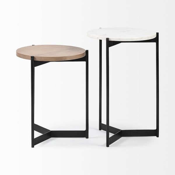 Larkin II Medium Brown Solid Wood and White Marble w/ Black Iron Frame Nesting End / Side Tables (Set of 2)