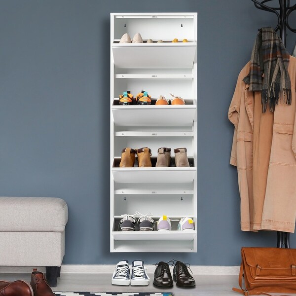 4 Drawer Shoe Cabinet， 4Tier Shoe Rack Storage Organizer， White Color - - 37926720