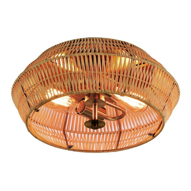 C Cattleya 2 lights Incandescent Antique Brass Flush Mount Ceiling Light With Natural Rattan Shade