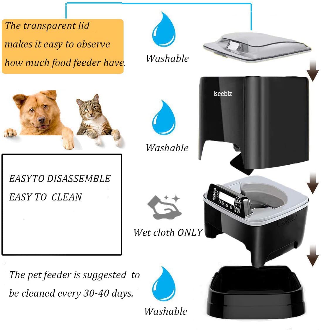 Iseebiz Automatic Dog Feeder， 5L， Pet Food Dispenser with Voice Recording， Timer Programmable， Black