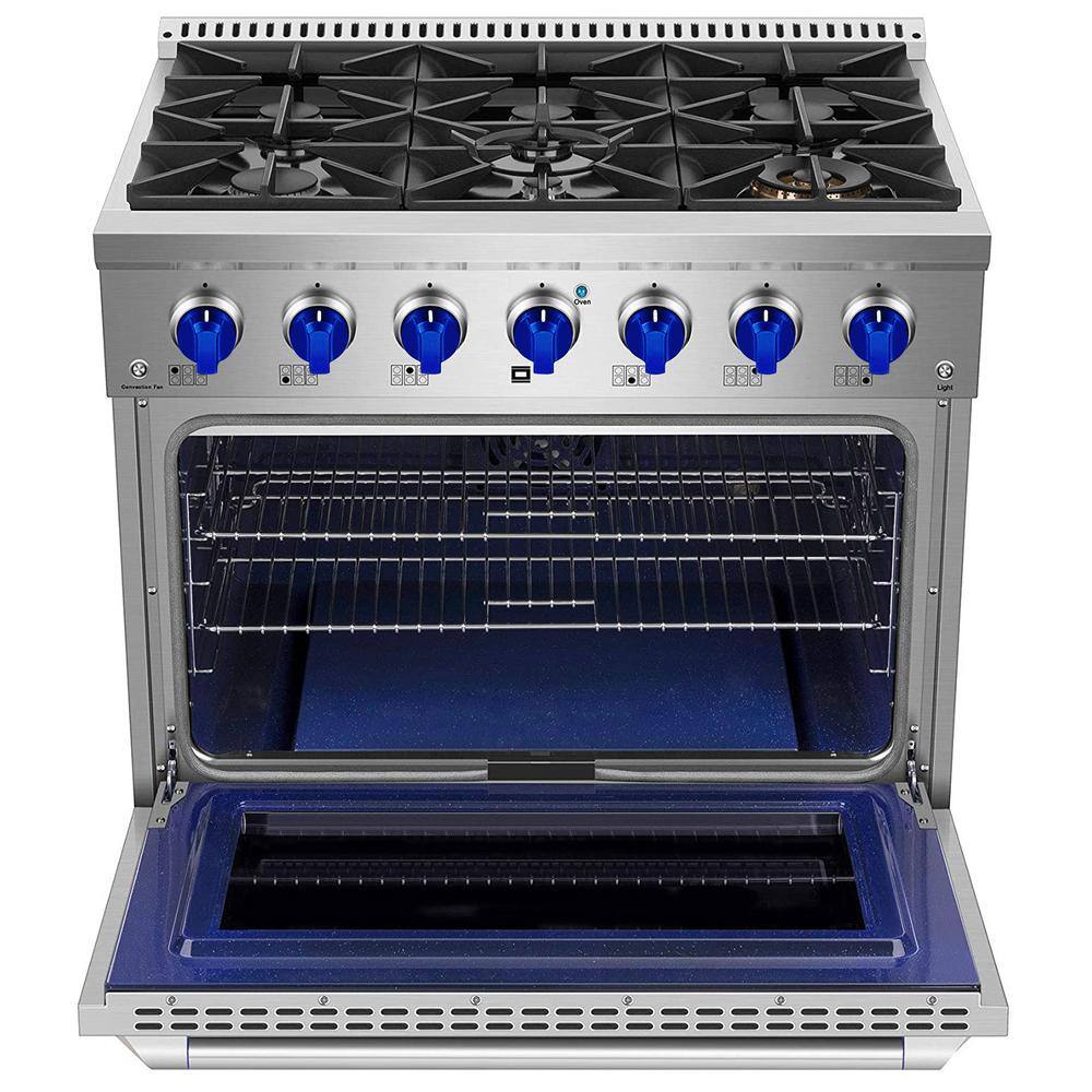 MUELLER 36 in. 5.2 cu. ft. Freestanding Gas Range with 6 Burners and Convection Oven in Stainless Steel with Blue Knobs GR-600B