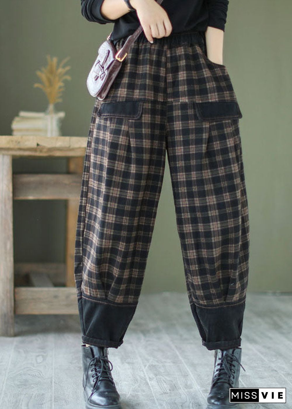 French Black Plaid Patchwork denim Pants Spring