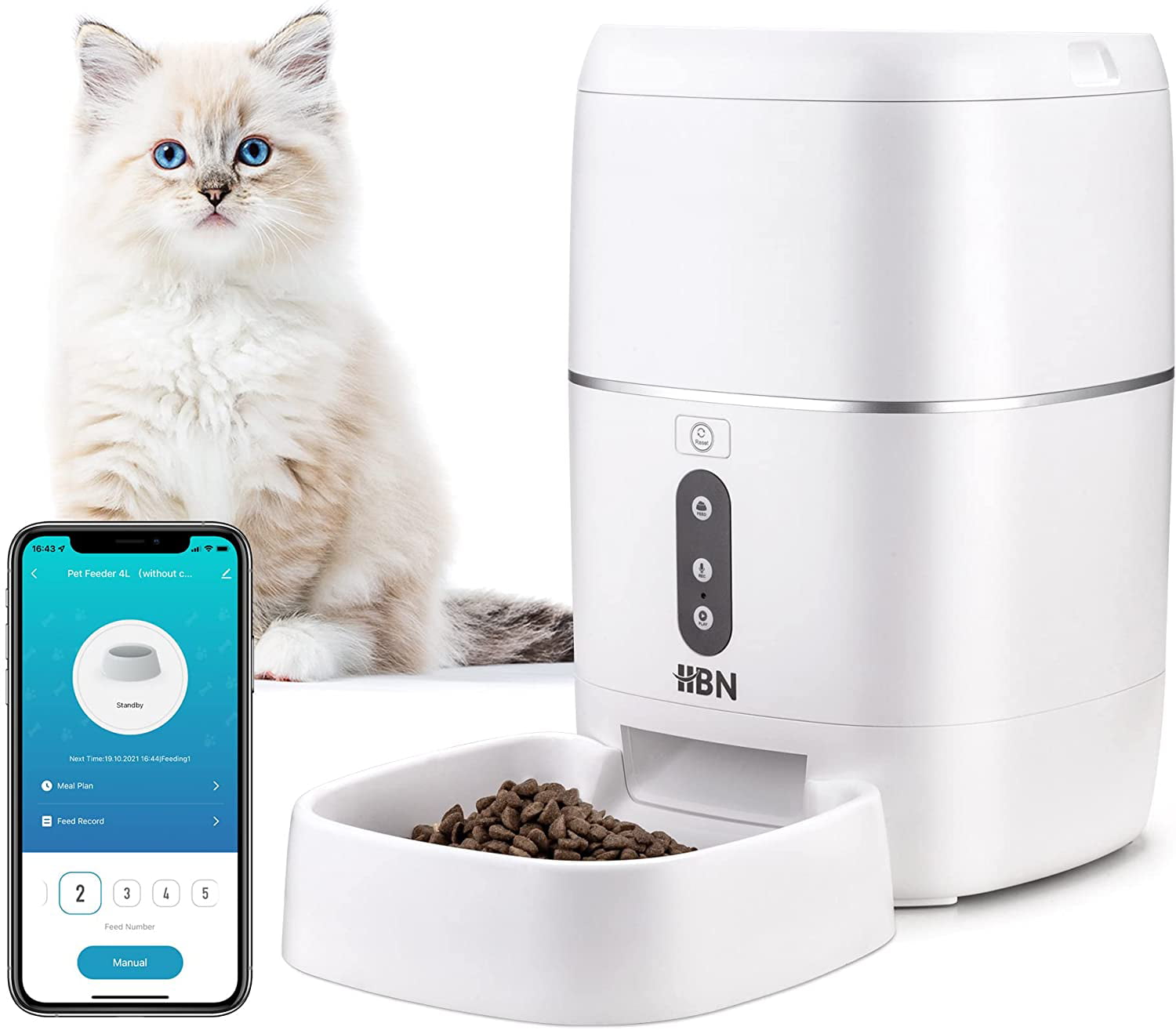 HBN Automatic Cat Feeder， 6L Smart Cats Dogs Feeder， Auto Pet Food Dispenser with Portion Control and Voice Recorder， 2.4G Wi-Fi Enabled App Control