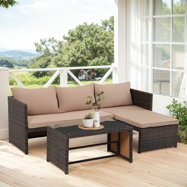 3 Pieces Patio Conversation Set，All Weather Outdoor PE Rattan Wicker Furniture Set with Cushions，Tempered Glass Coffee Table