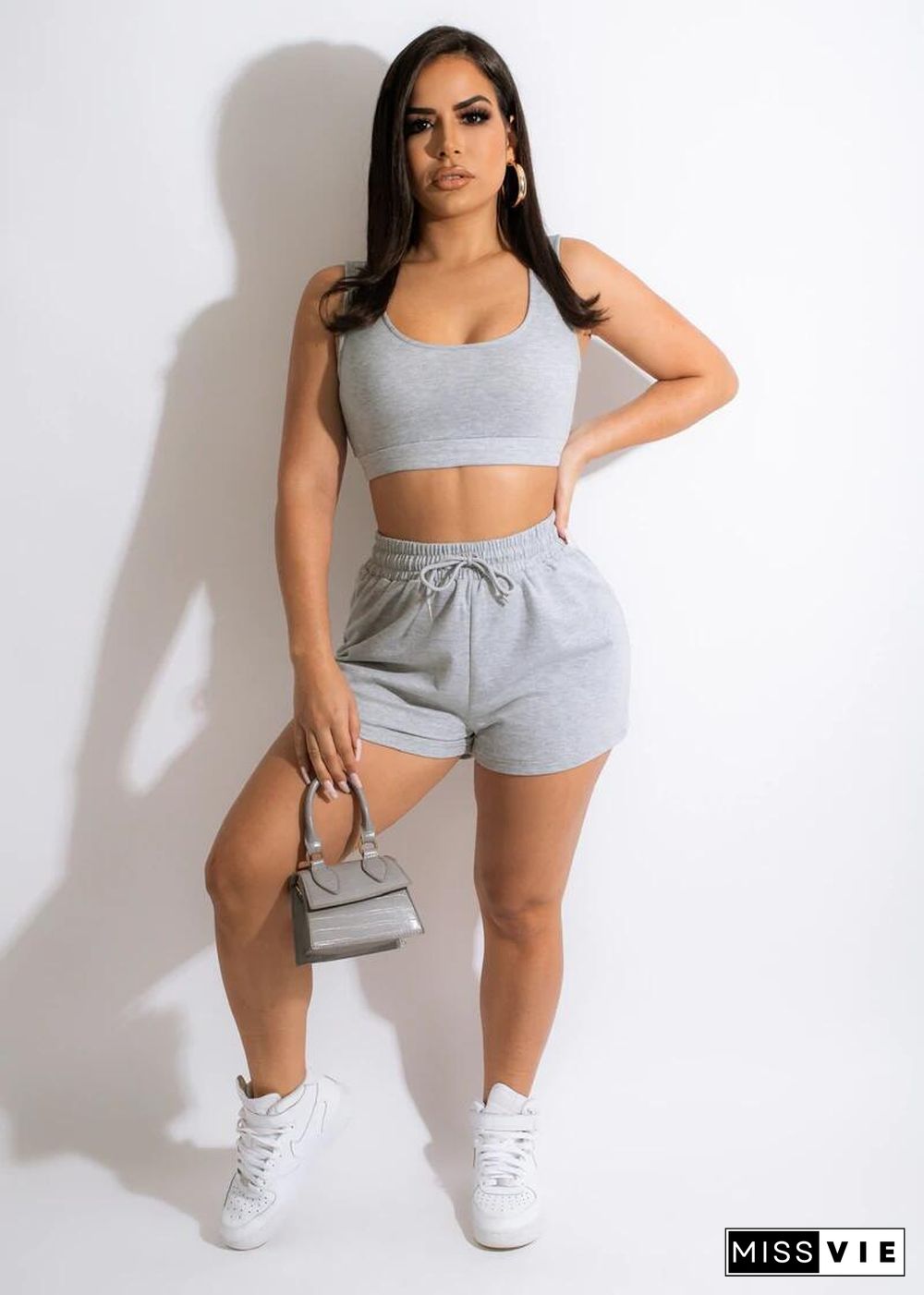 Solid Workout Vest Crop Top Shorts Two Piece Set