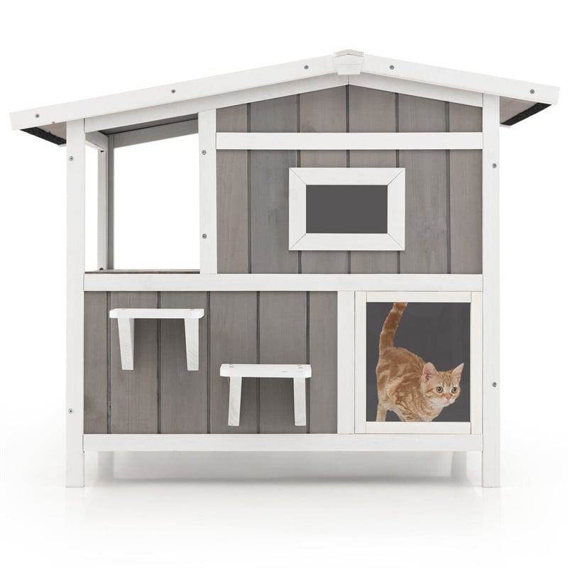 2-Story Outdoor Cat House Weatherproof Wooden Feral Cat Shelter Kitten Condo Cage Furniture with Escape Door Balcony & 2 Jumping Platforms