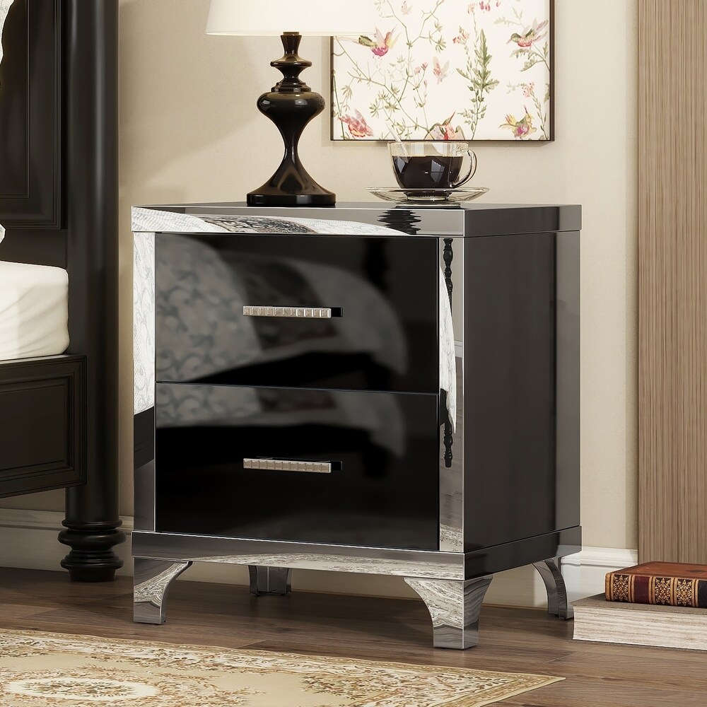 Elegant High Gloss Nightstand Mirrored Bedside Table with 2 Drawers