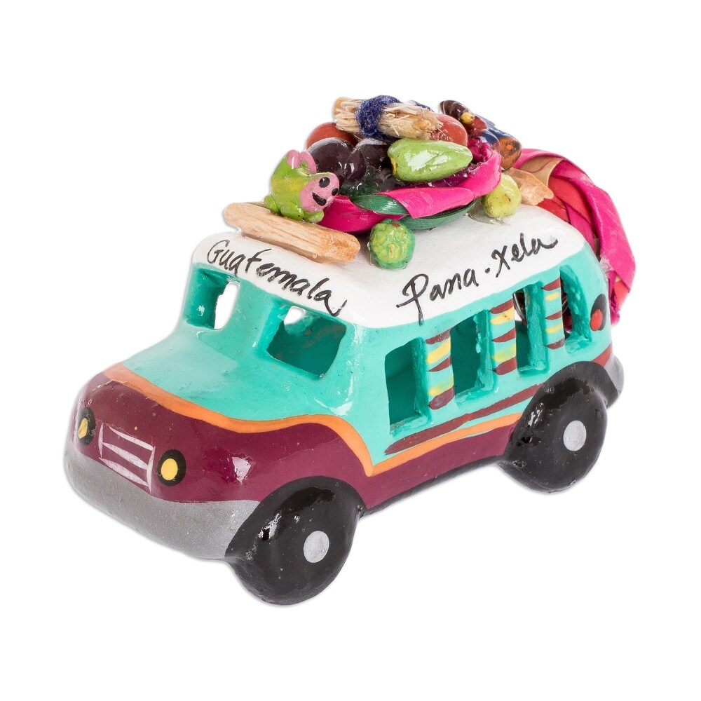 Novica Handmade Brown Turquoise Old Time Bus Mini Ceramic Sculpture
