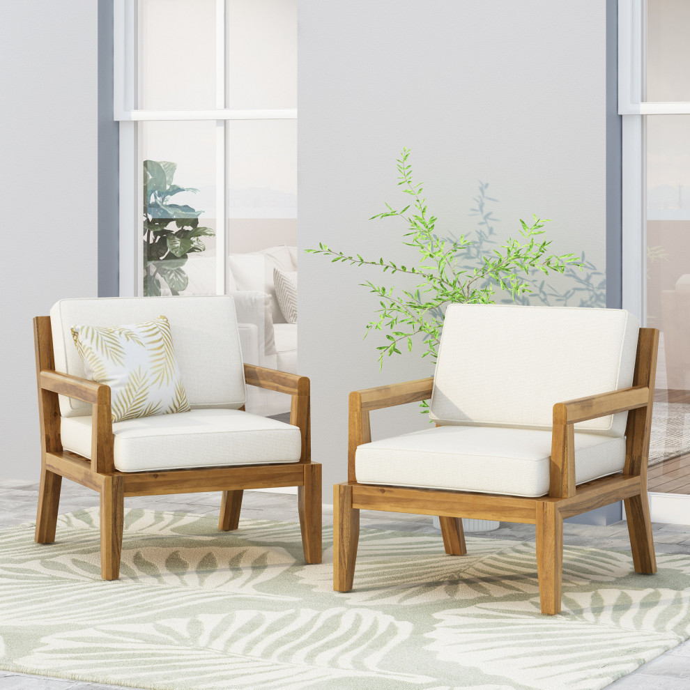 Camak Outdoor Acacia Wood Club Chairs with Cushions (Set of 2)   Transitional   Outdoor Lounge Chairs   by GDFStudio  Houzz