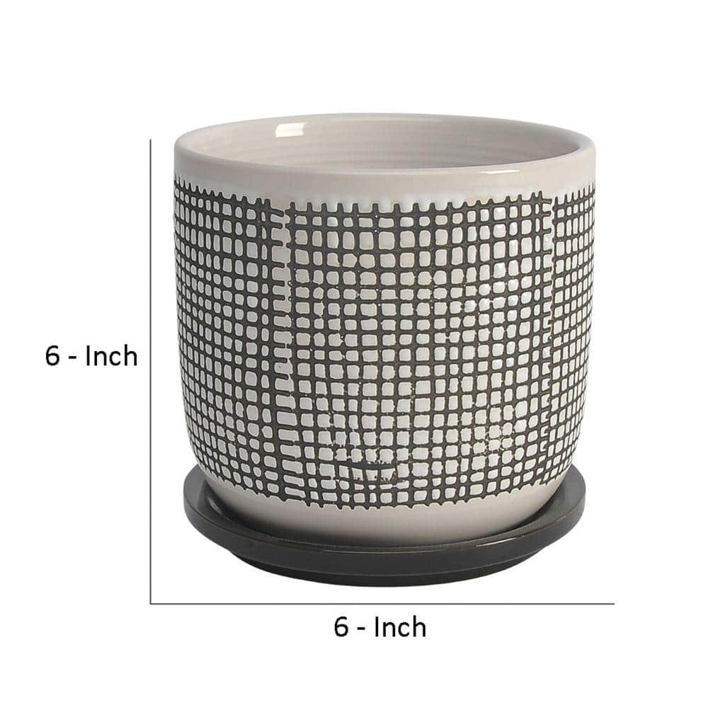 Benjara 6 in. Gray Ceramic Mesh Design and Saucer Planter BM266290