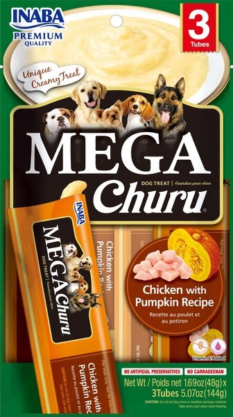 Inaba Dog Mega Churu Chicken and Pumpkin Flavored Grain-Free Lickable Dog Treats， 1.69-oz， 3 count