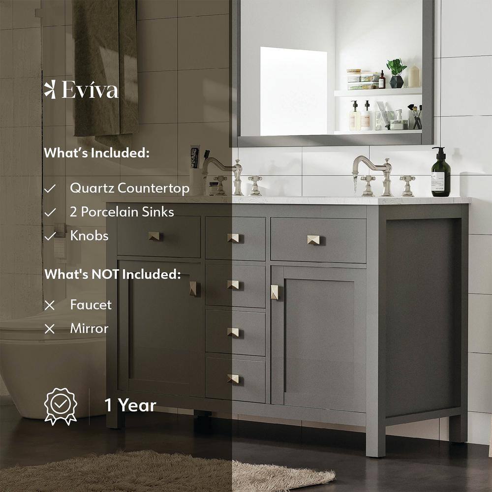 Eviva Artemis 48 in. W x 22 in. D x 33.7 in. H Bath Vanity in Gray with Carrara Marble Vanity Top in White with Double Sinks TVN313-48GR-DS