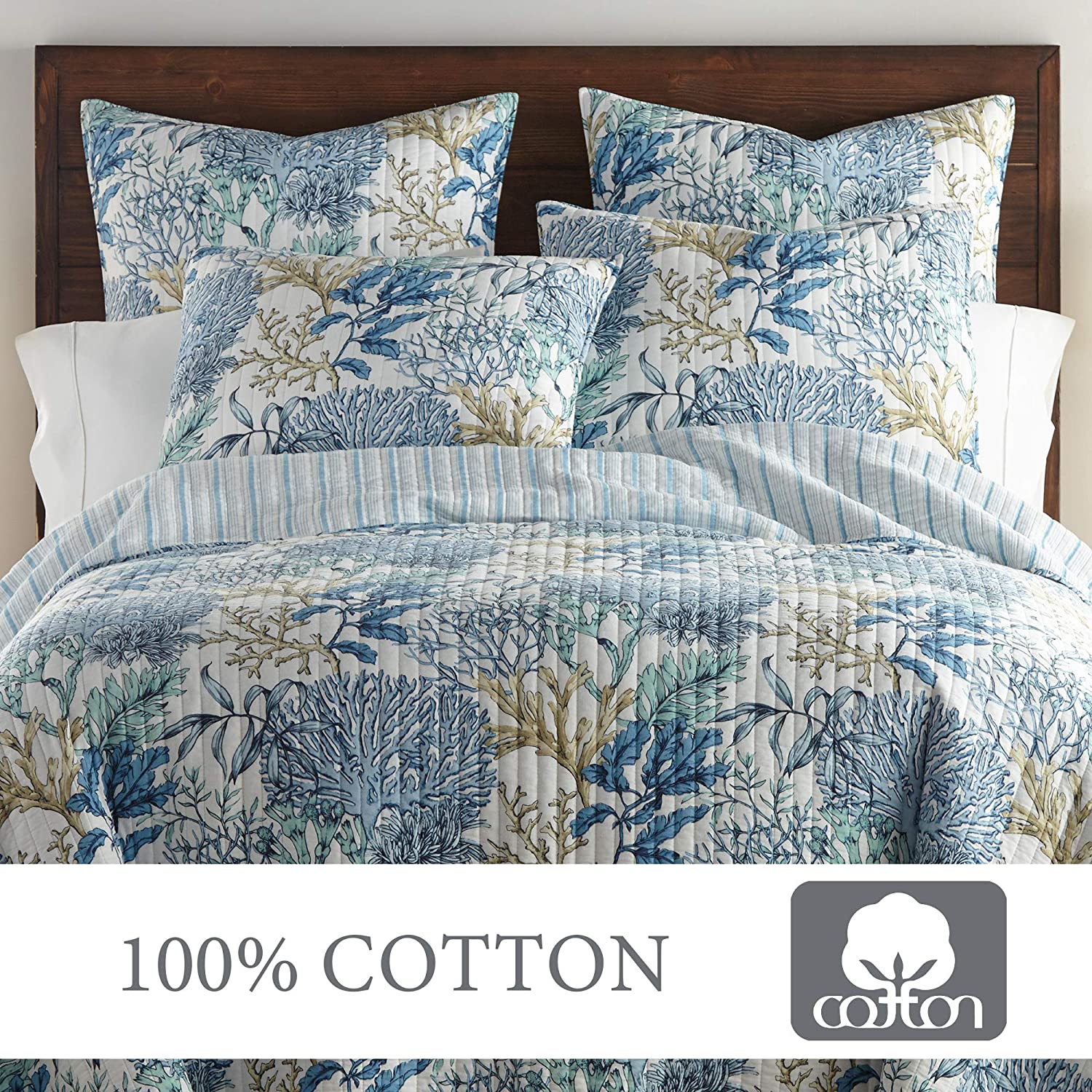 Levtex Home - Mahina Quilt Set - King Quilt + Two King Pillow Shams - Coastal - Taupe， Blue and White - Quilt Size (106x92in.) and Pillow Sham Size (36x20in. ) - Reversible - Cotton