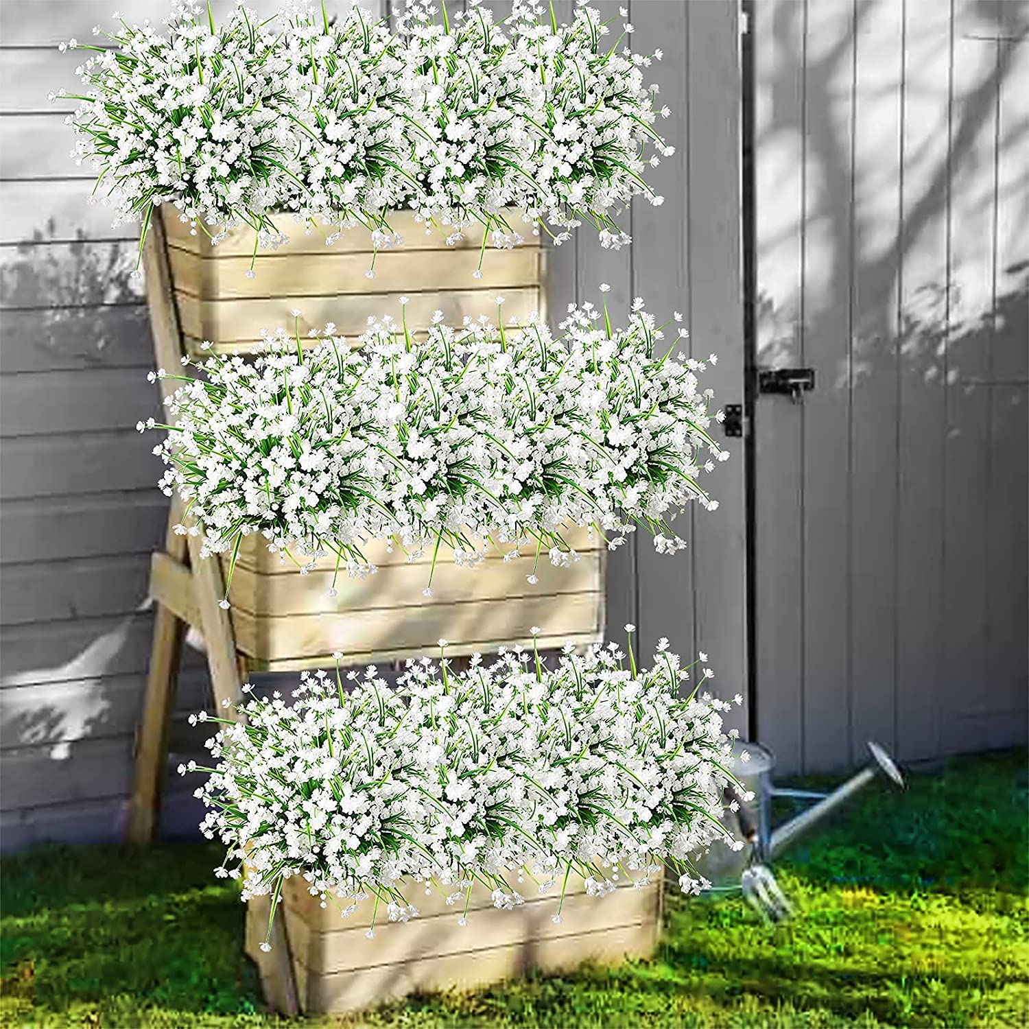 Sinhoon 6 Pcs Artificial Flowers Outdoor Fake Plants daffodil faux flower UV Resistant Greenery Bush Spring Decor Hanging Planter for Farmhouse Kitchen Office Box Fence Windows Decorations（White)