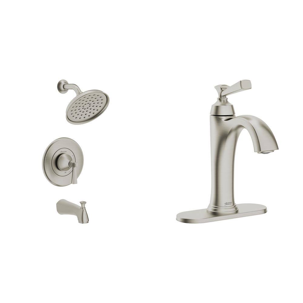 American Standard Rumson Single-Hole Bathroom Faucet and Single-Handle 3-Spray Tub and Shower Faucet in Brushed Nickel (Valve Included) RumsonTSMonoBN