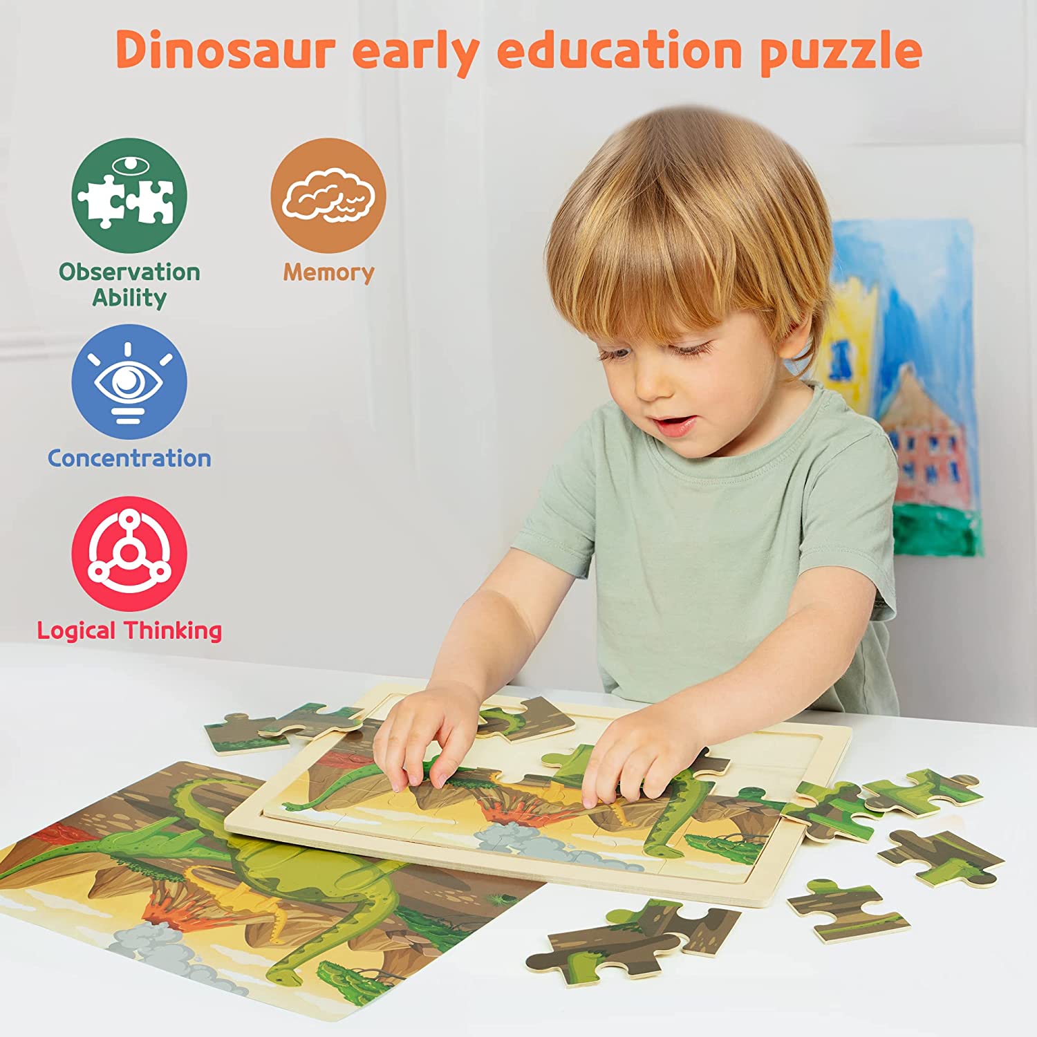 SYNARRY Wooden Dinosaur Puzzles for Kids Ages 3-5， 4 Packs 24 PCs Jigsaw Puzzles Preschool Educational Brain Teaser Boards Toys Gifts for Children， Wood Dino Puzzles for 3 4 5 6 Year Old Boys Girls