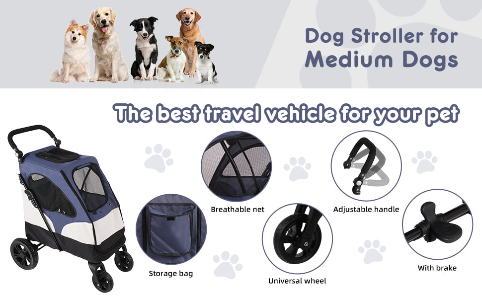 Pet Dog Stroller for Medium Dogs and Cats，Foldable Pet Jogger Stroller with Adjustable Handle，Blue