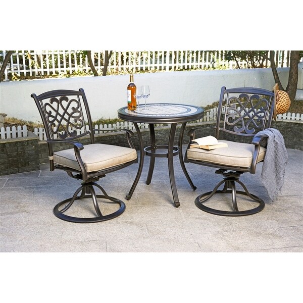 3 Piece Bistro Set， Cast Aluminum Dining Table Swivel Rocker Chairs - Overstock - 35898352