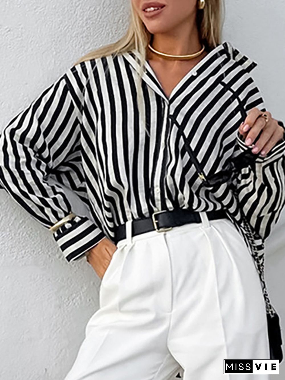 Long Sleeves Loose Split-Joint Striped Lapel Blouses