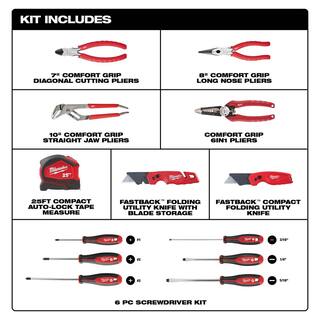 MW Pliers Kit with Screwdriver Set 25 ft. Auto Lock Tape Measure and FASTBACK Utility Knives Hand Tool Set (13-Piece) 48-22-6331-48-22-3079SB