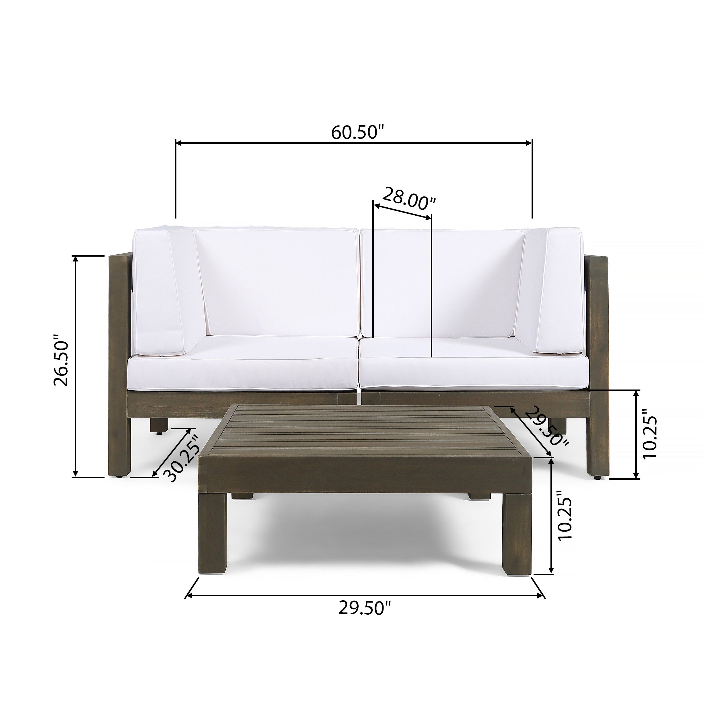 Dawson Outdoor Sectional Loveseat Set with Coffee Table - 3-Piece 2-Seater - Acacia Wood - Outdoor Cushions