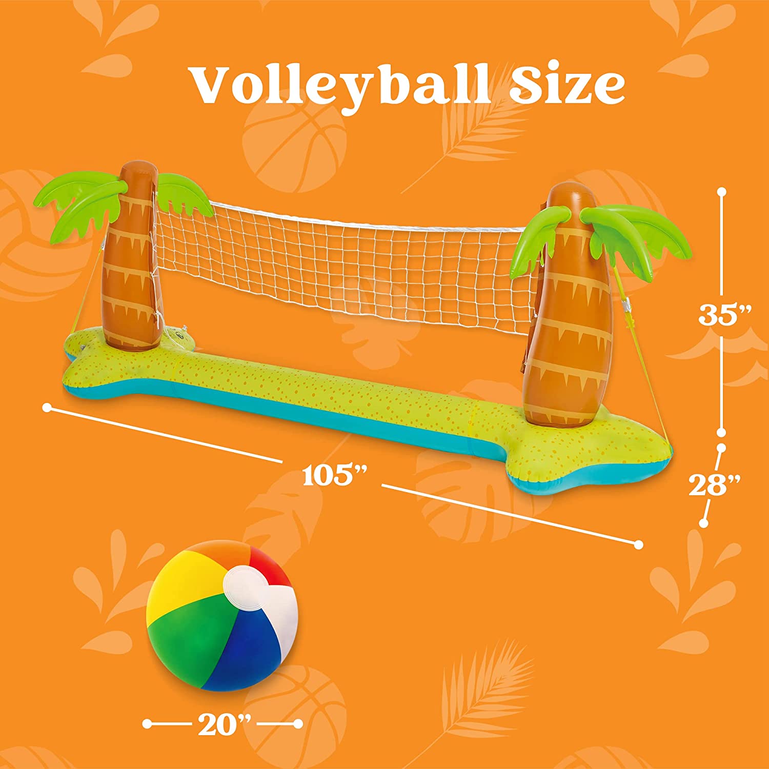 Clearance - Palm Tree Design Pool Volleyball Net & Basketball Hoop with 2 Balls